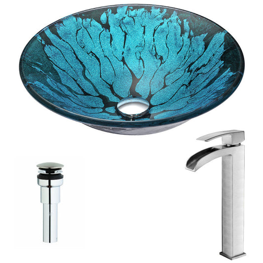 Key Series Deco-Glass Vessel Sink in Lustrous Blue and Black with Key Faucet in Brushed Nickel
