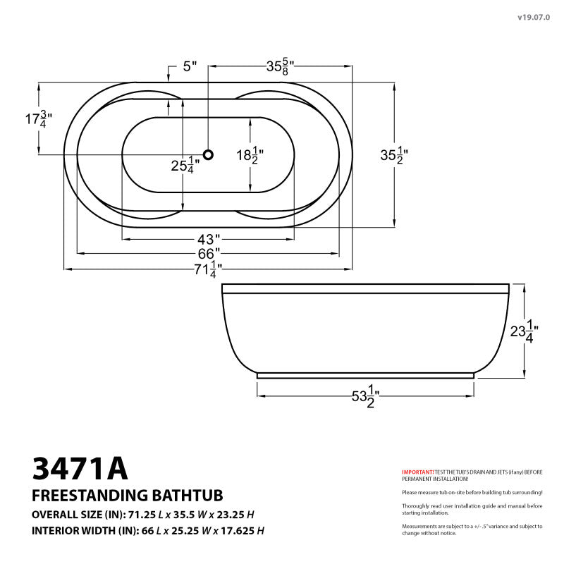 Atlantis Whirlpools Embrace 34 x 71 Oval Freestanding Soaker Bathtub