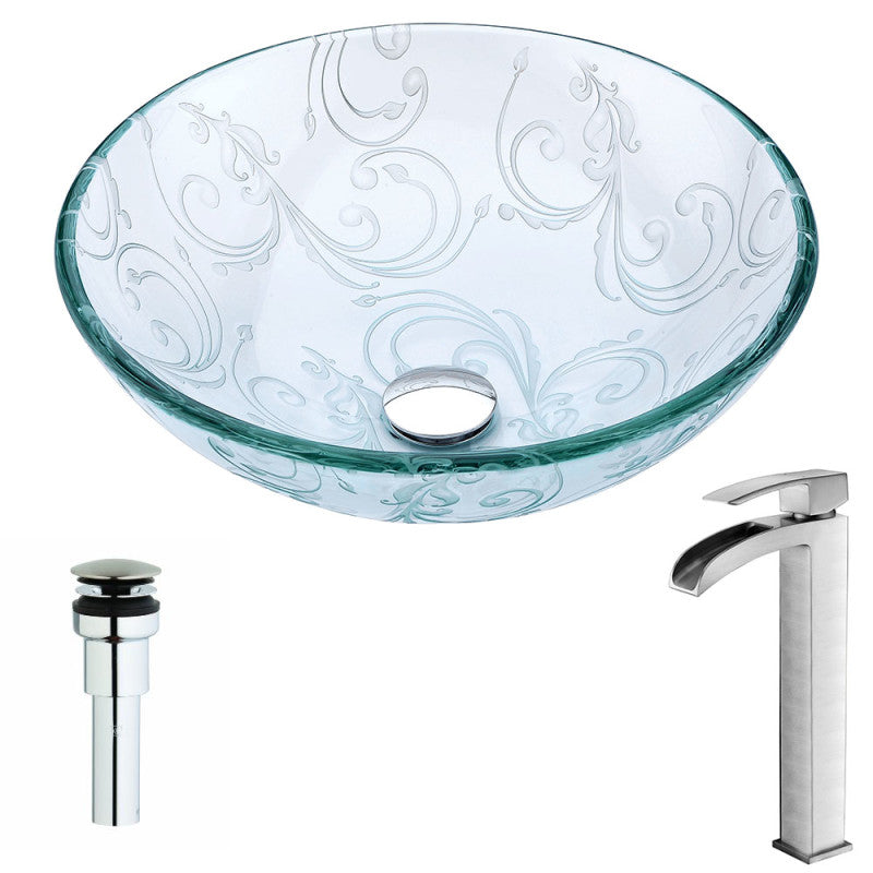 Vieno Series Deco-Glass Vessel Sink in Crystal Clear Floral with Key Faucet in Brushed Nickel