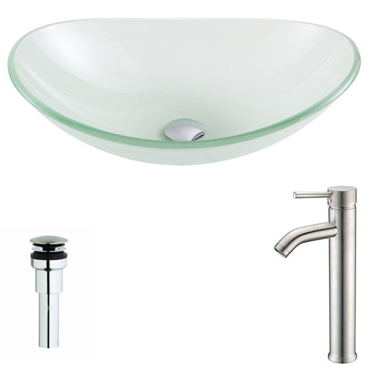 Forza Series Deco-Glass Vessel Sink in Lustrous Frosted with Fann Faucet in Brushed Nickel