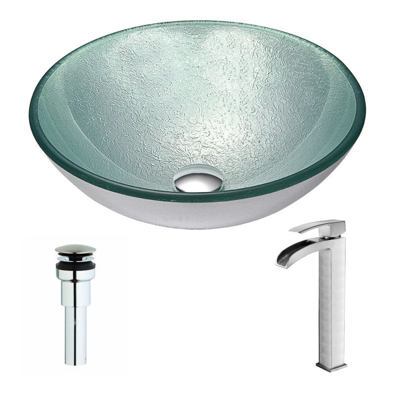 Spirito Series Deco-Glass Vessel Sink in Churning Silver with Key Faucet in Brushed Nickel