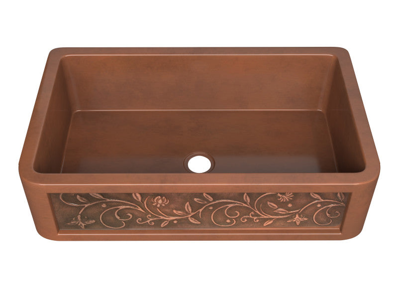 Mytilene Farmhouse Handmade Copper 36 in. 0-Hole Single Bowl Kitchen Sink with Floral Design Panel in Polished Antique Copper