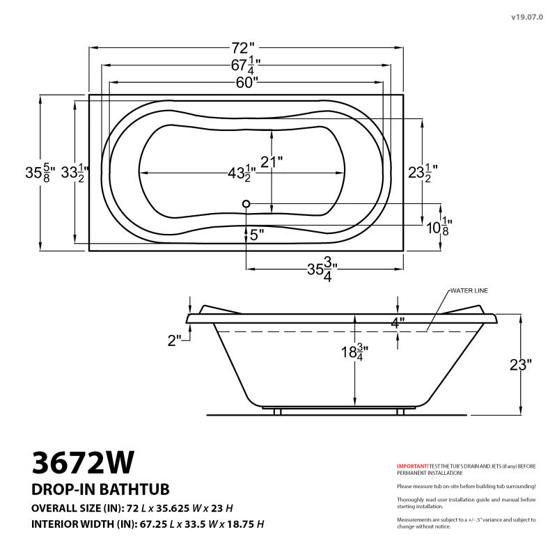 Atlantis Whirlpools Whisper 36 x 72 Rectangular Air Jetted Bathtub