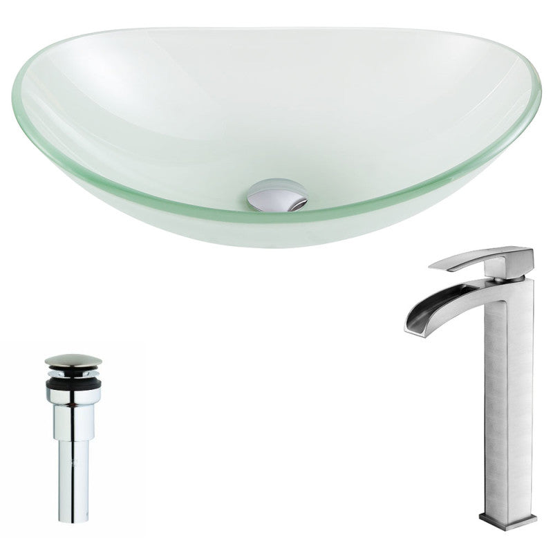 Forza Series Deco-Glass Vessel Sink in Lustrous Frosted with Key Faucet in Brushed Nickel