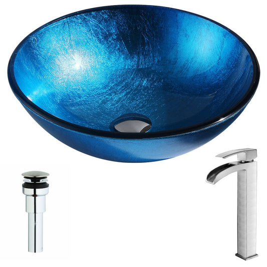 Arc Series Deco-Glass Vessel Sink in Lustrous Light Blue with Key Faucet in Brushed Nickel