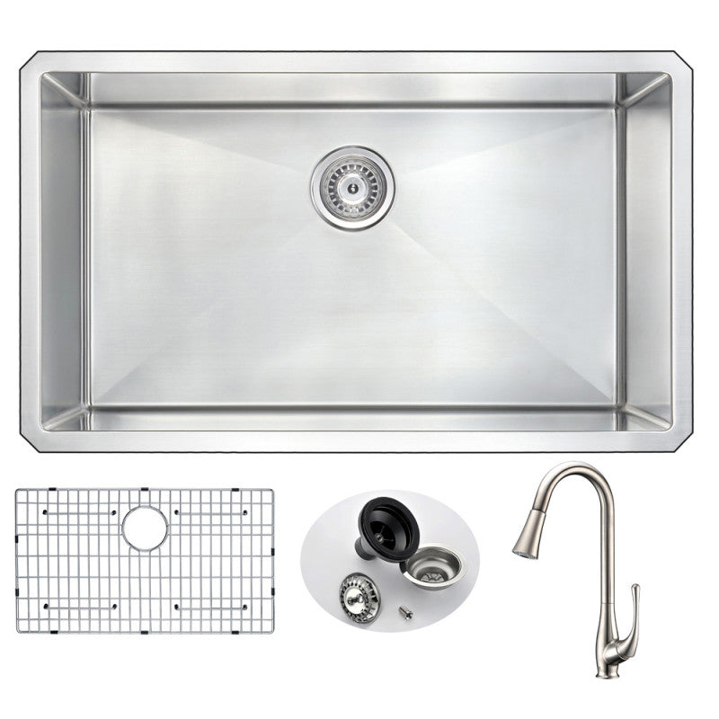 VANGUARD Undermount 32 in. Single Bowl Kitchen Sink with Singer Faucet in Brushed Nickel