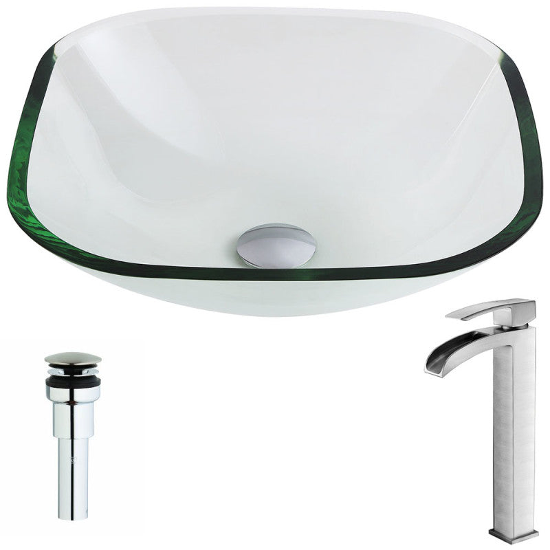 Cadenza Series Deco-Glass Vessel Sink in Lustrous Clear with Key Faucet in Brushed Nickel