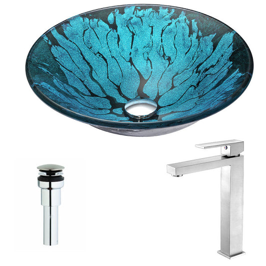 Key Series Deco-Glass Vessel Sink in Lustrous Blue and Black with Enti Faucet in Brushed Nickel