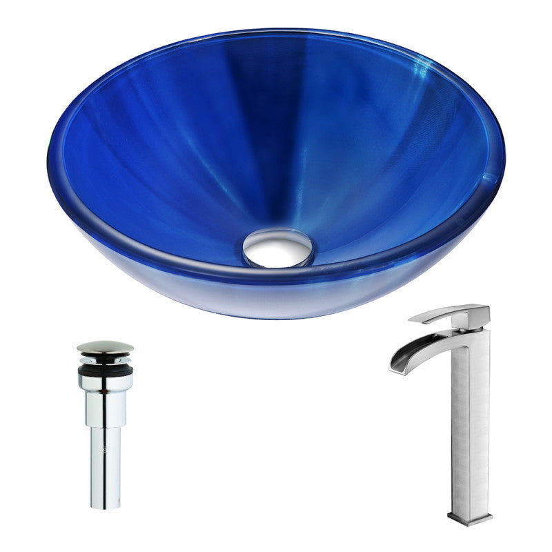 Meno Series Deco-Glass Vessel Sink in Lustrous Blue with Key Faucet in Brushed Nickel