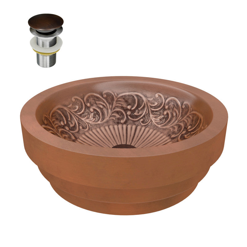 BS-007 - Thessaly 17 in. Handmade Vessel Sink in Polished Antique Copper with Floral Design Interior