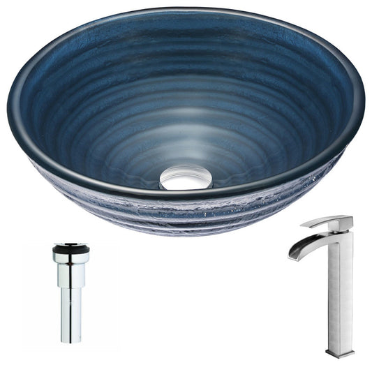 Tempo Series Deco-Glass Vessel Sink in Coiled Blue with Key Faucet in Brushed Nickel
