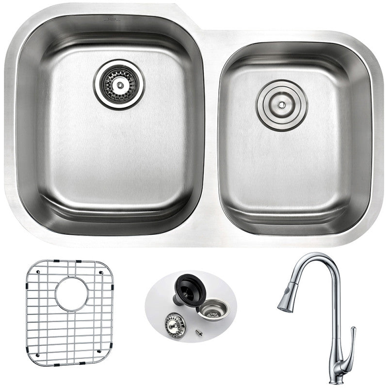 MOORE Undermount 32 in. Double Bowl Kitchen Sink with Singer Faucet in Polished Chrome