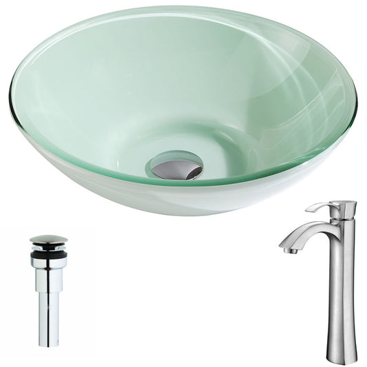 Sonata Series Deco-Glass Vessel Sink in Lustrous Light Green with Harmony Faucet in Brushed Nickel