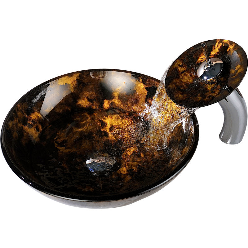 Timbre Series Deco-Glass Vessel Sink in Kindled Amber with Matching Chrome Waterfall Faucet