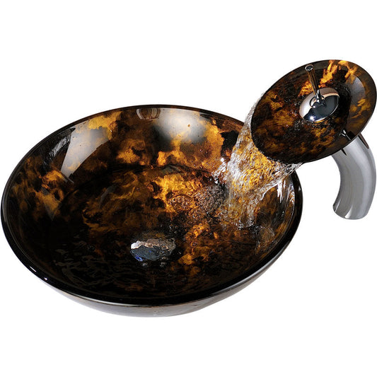 Toa Series Deco-Glass Vessel Sink in Kindled Amber with Matching Chrome Waterfall Faucet