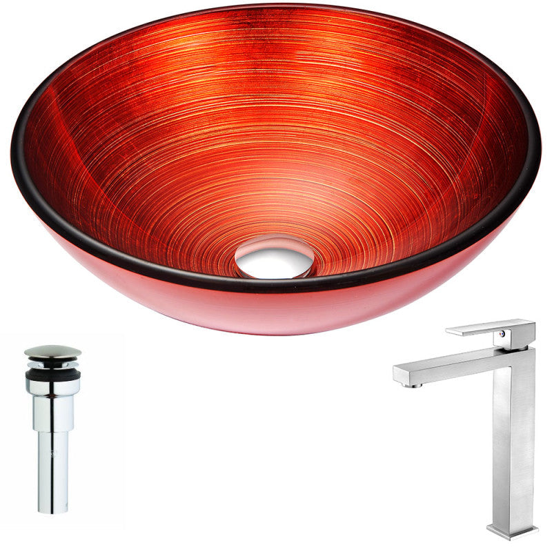 Echo Series Deco-Glass Vessel Sink in Lustrous Red with Enti Faucet in Brushed Nickel
