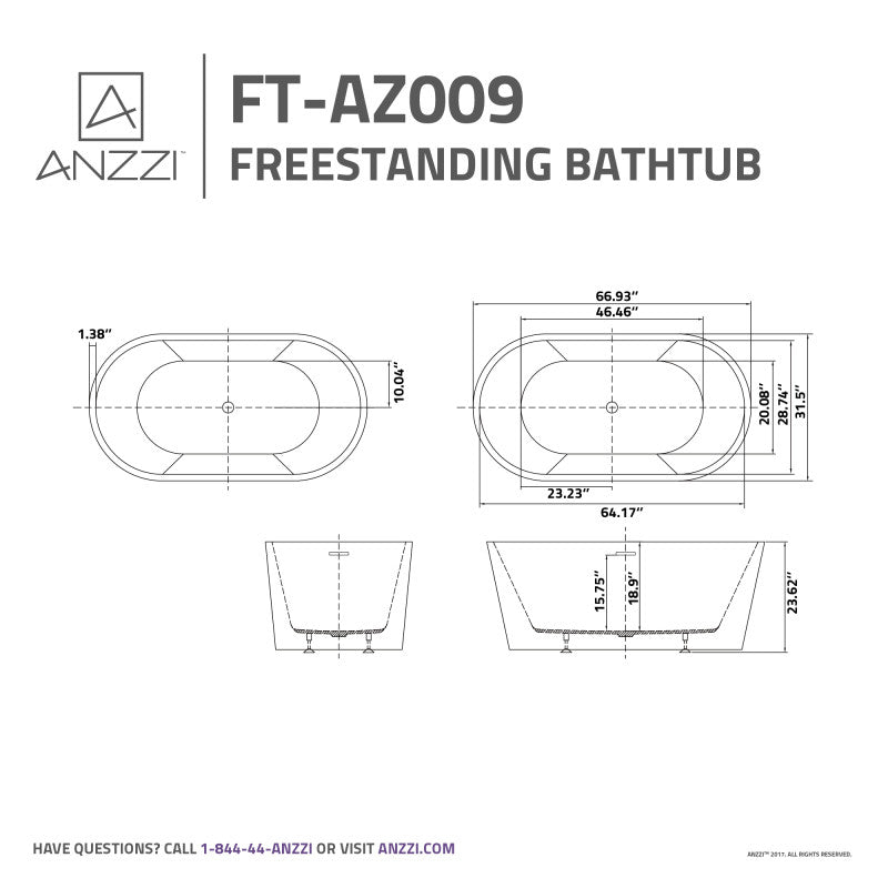 Dover 5.6 ft. Acrylic Center Drain Freestanding Bathtub in Glossy White