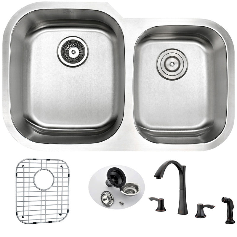 MOORE Undermount 32 in. Double Bowl Kitchen Sink with Soave Faucet in Oil Rubbed Bronze