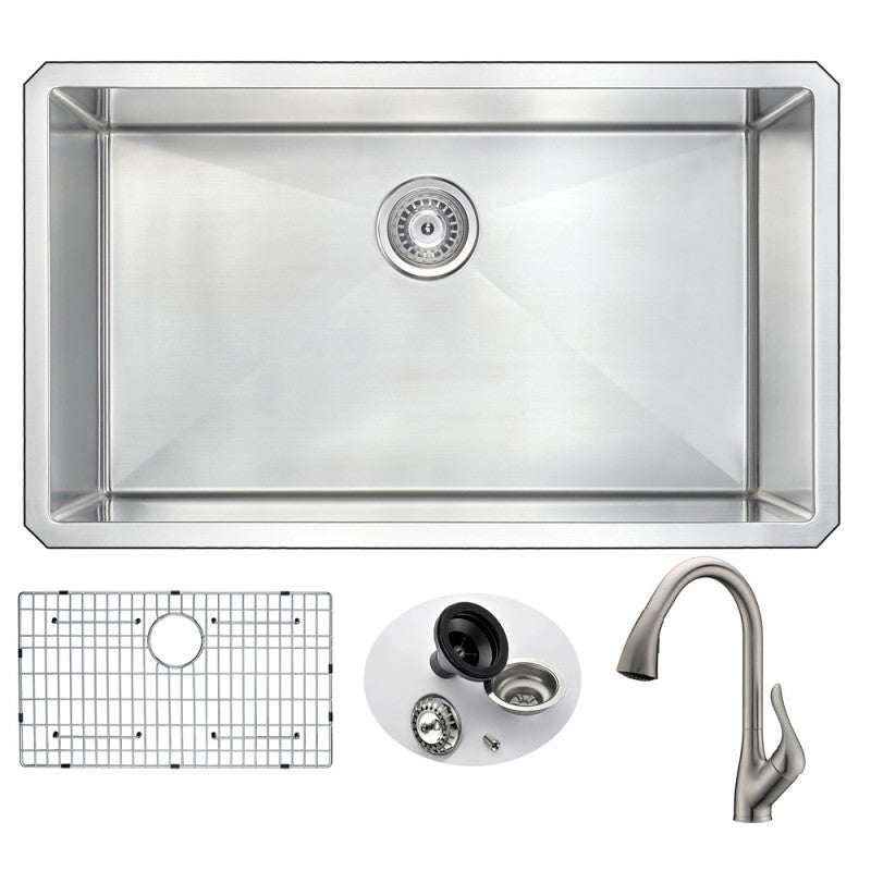 VANGUARD Undermount 32 in. Single Bowl Kitchen Sink with Accent Faucet in Brushed Nickel