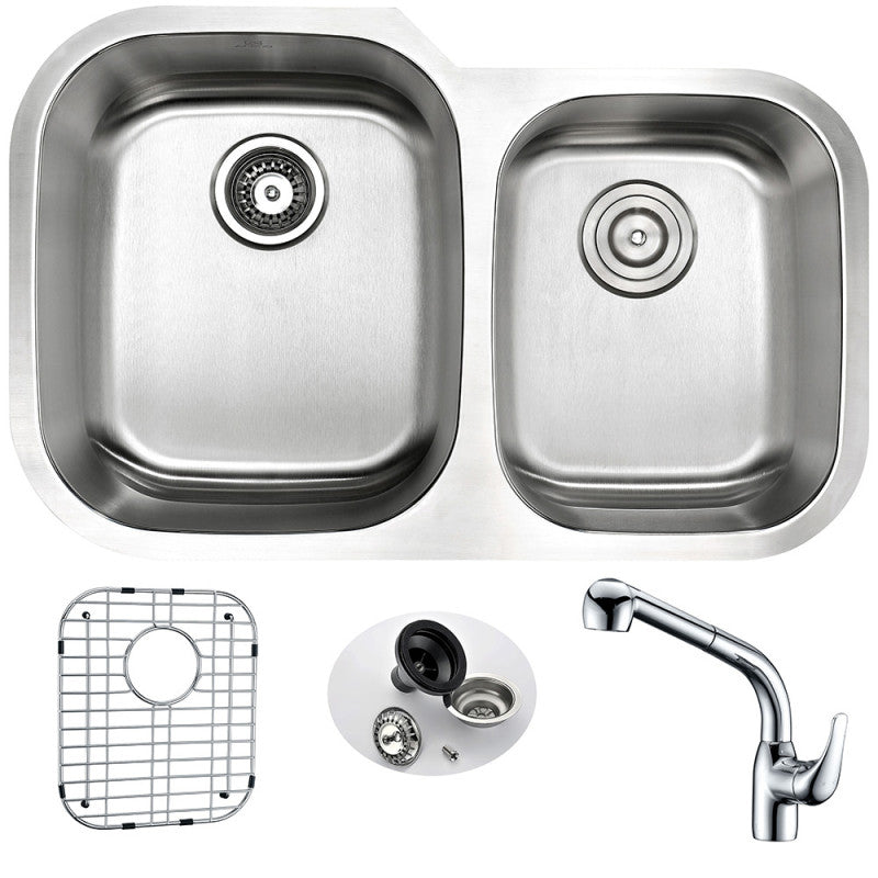 MOORE Undermount 32 in. Double Bowl Kitchen Sink with Harbour Faucet in Polished Chrome