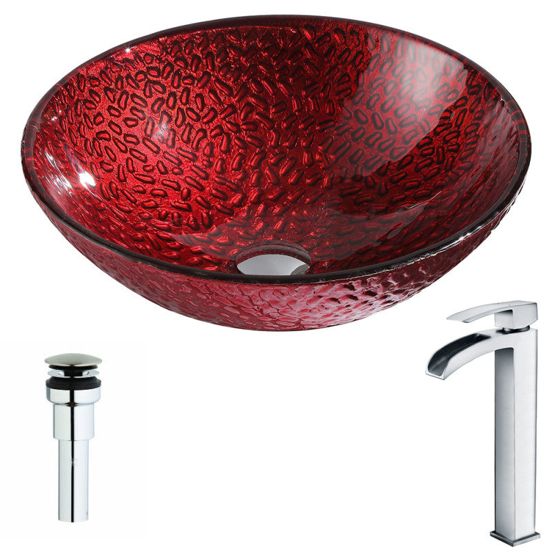 LSAZ080-097 - Rhythm Series Deco-Glass Vessel Sink in Lustrous Red Finish with Key Faucet in Polished Chrome