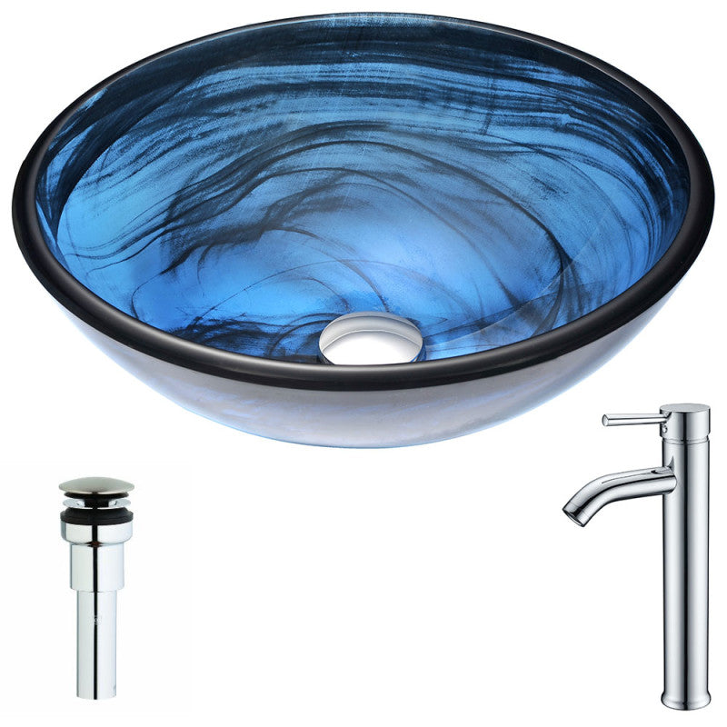 Soave Series Deco-Glass Vessel Sink in Sapphire Wisp with Fann Faucet in Chrome