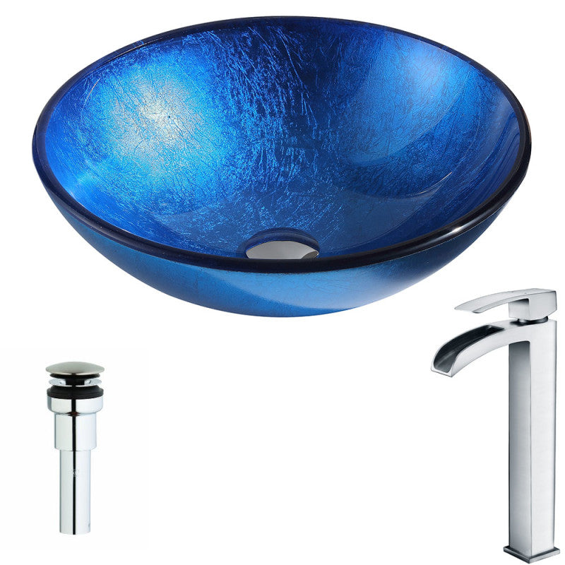 Clavier Series Deco-Glass Vessel Sink in Lustrous Blue with Key Faucet in Polished Chrome