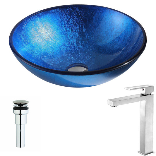 Clavier Series Deco-Glass Vessel Sink in Lustrous Blue with Enti Faucet in Brushed Nickel