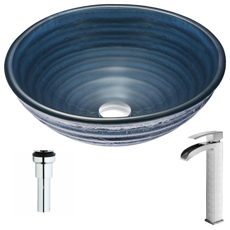 LSAZ042-097 - Tempo Series Deco-Glass Vessel Sink in Coiled Blue with Key Faucet in Polished Chrome