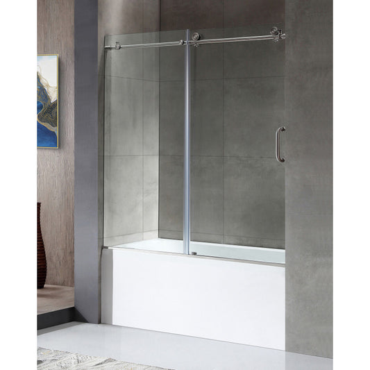 Anzzi 5 ft. Acrylic Left Drain Rectangle Tub in White With 60 in. x 62 in. Frameless Sliding Tub Door in Brushed Nickel