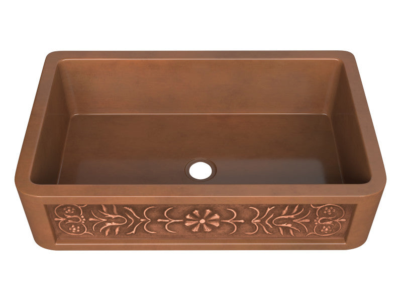 Thracian Farmhouse Handmade Copper 36 in. 0-Hole Single Bowl Kitchen Sink with Flower Design Panel in Polished Antique Copper
