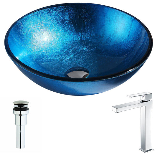 LSAZ078-096 - Arc Series Deco-Glass Vessel Sink in Lustrous Light Blue with Enti Faucet in Polished Chrome