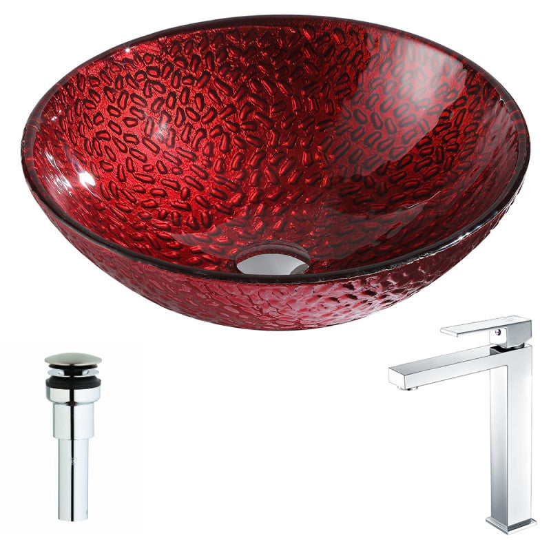 LSAZ080-096 - Rhythm Series Deco-Glass Vessel Sink in Lustrous Red with Enti Faucet in Polished Chrome