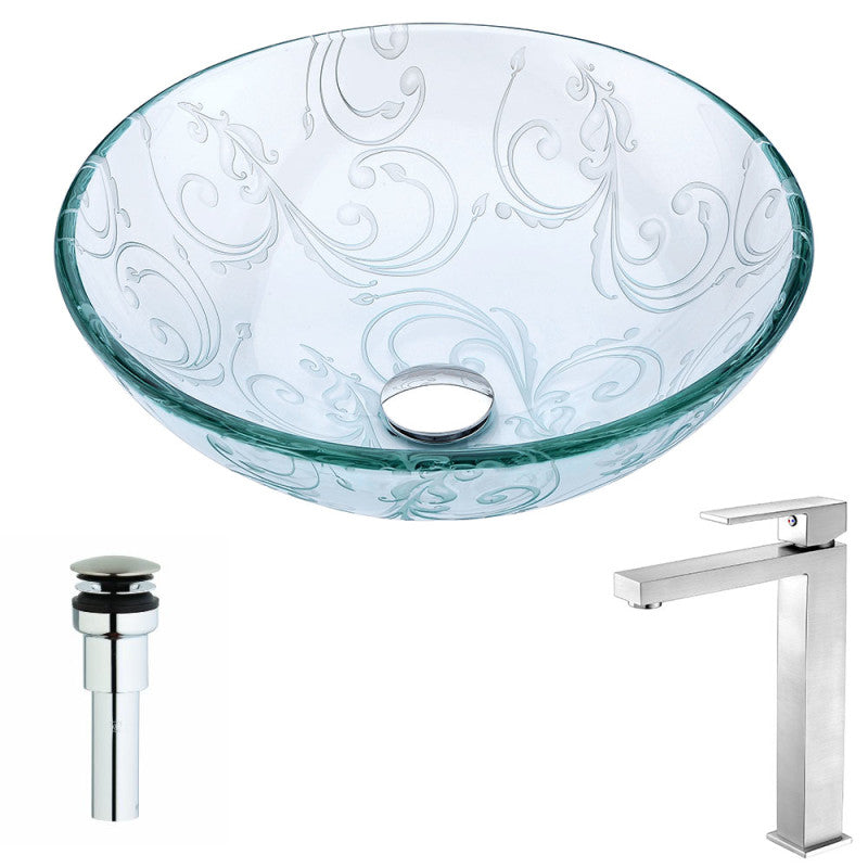 Vieno Series Deco-Glass Vessel Sink in Crystal Clear Floral with Enti Faucet in Brushed Nickel