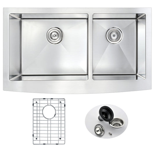 Elysian Farmhouse Stainless Steel 36 in. 0-Hole 60/40 Double Bowl Kitchen Sink in Brushed Satin