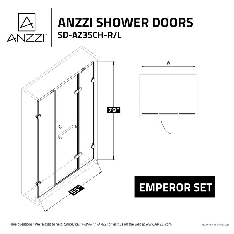 Emperor Series Right Side 55.11 in. x 78.74 in. Semi-Frameless Hinged Shower Door in Chrome with Handle