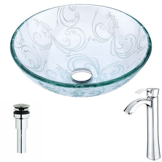 LSAZ065-095 - Vieno Series Deco-Glass Vessel Sink in Crystal Clear Floral with Harmony Faucet in Chrome