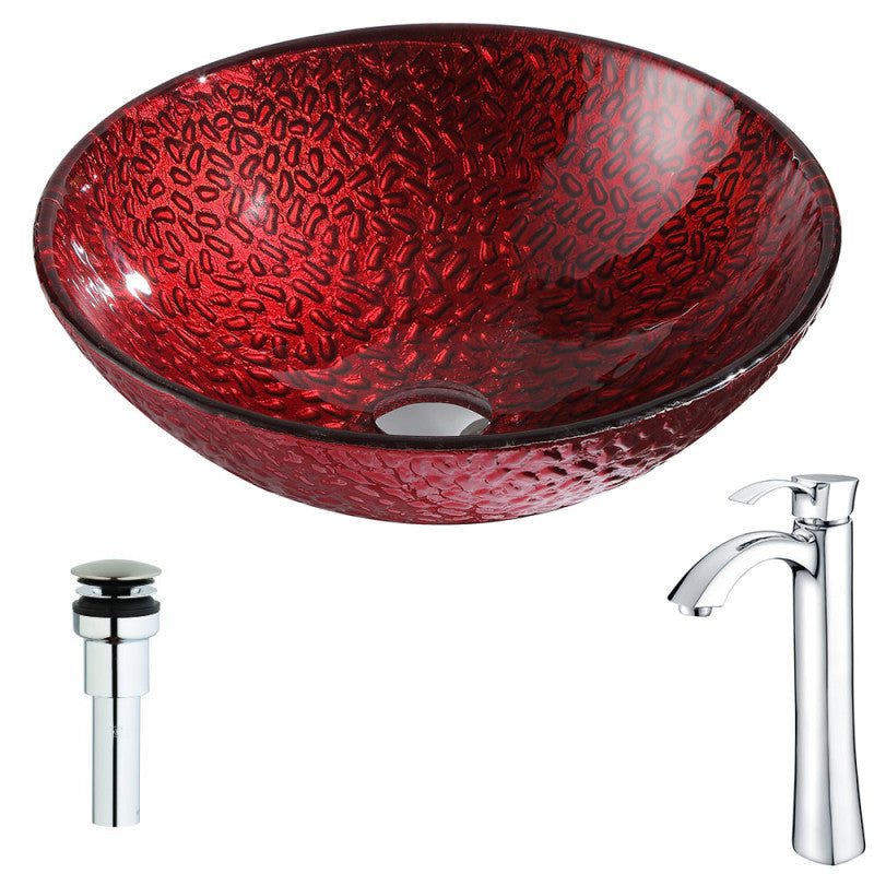 LSAZ080-095 - Rhythm Series Deco-Glass Vessel Sink in Lustrous Red with Harmony Faucet in Chrome