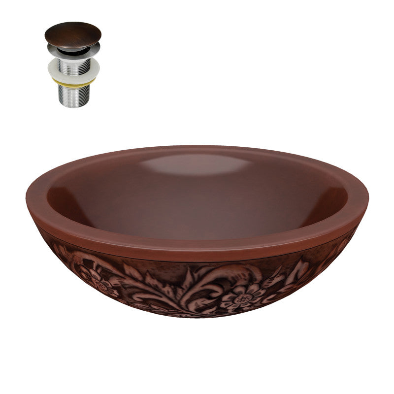 BS-011 - Theban 16 in. Handmade Vessel Sink in Polished Antique Copper with Floral Design Exterior