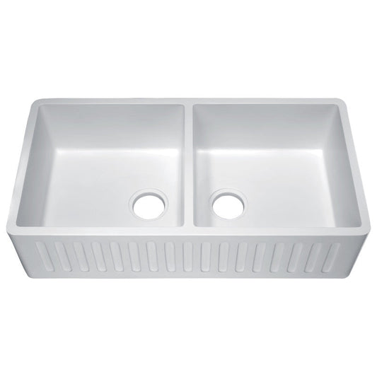 Roine Farmhouse Reversible Glossy Solid Surface 35 in. Double Basin Kitchen Sink in White