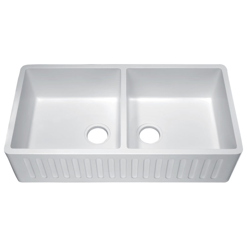 Roine Farmhouse Reversible Glossy Solid Surface 35 in. Double Basin Kitchen Sink in White