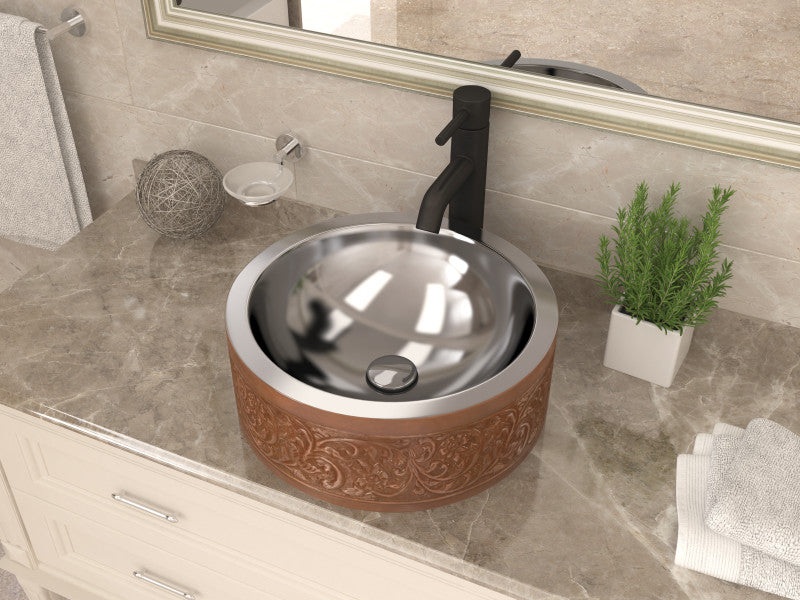 Cadmean 16 in. Handmade Vessel Sink in Polished Antique Copper with Floral Design Exterior