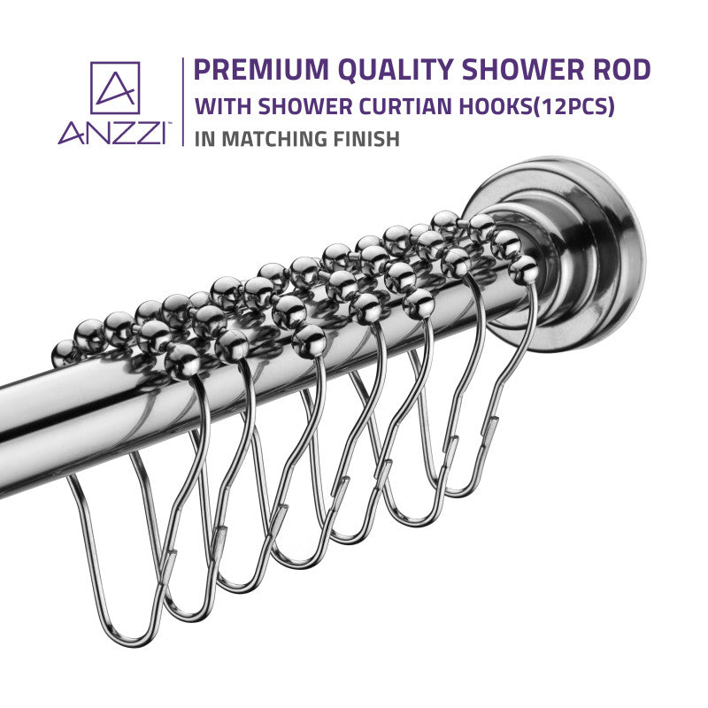 ANZZI 35-55 Inches Shower Curtain Rod with Shower Hooks in Polished Chrome | Adjustable Tension Shower Doorway Curtain Rod | Rust Resistant No Drilling Anti-Slip Bar for Bathroom | AC-AZSR55CH