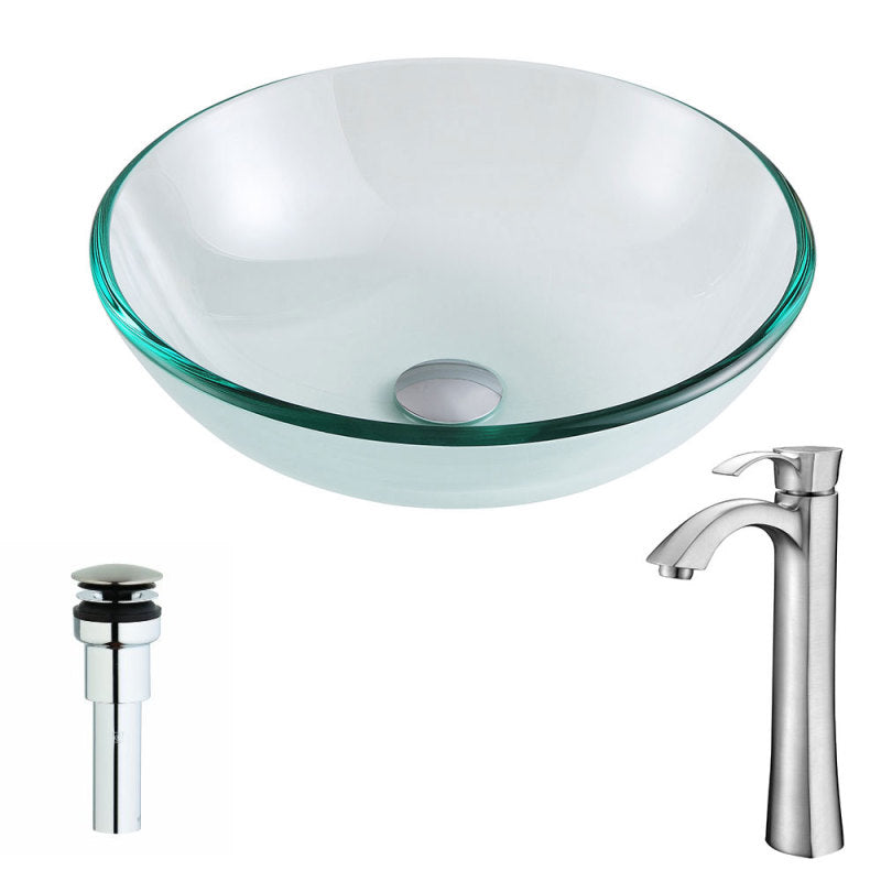 Etude Series Deco-Glass Vessel Sink in Lustrous Clear Finish with Harmony Faucet in Brushed Nickel