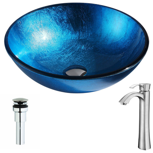 Arc Series Deco-Glass Vessel Sink in Lustrous Light Blue with Harmony Faucet in Brushed Nickel