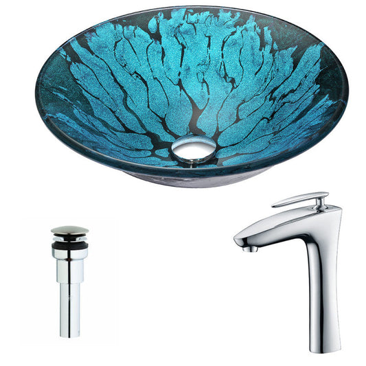 Key Series Deco-Glass Vessel Sink in Lustrous Blue and Black with Crown Faucet in Chrome