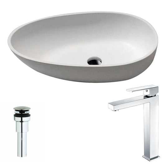 Trident One Piece Solid Surface Vessel Sink in Matte White with Enti Faucet in Chrome