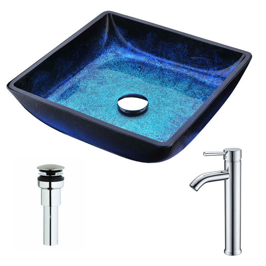 Viace Series Deco-Glass Vessel Sink in Blazing Blue with Fann Faucet in Chrome