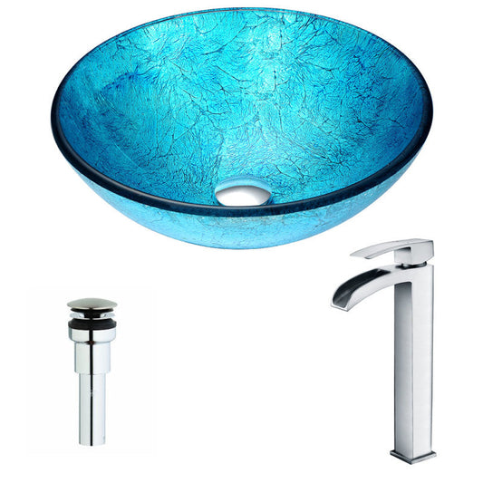 LSAZ047-097 - Accent Series Deco-Glass Vessel Sink in Blue Ice with Key Faucet in Polished Chrome