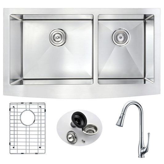 Elysian Farmhouse 33 in. Double Bowl Kitchen Sink with Singer Faucet in Polished Chrome
